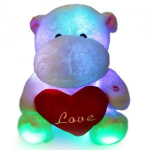 Glow LED Night Light Stuffed Hippo Hold Heart for Valentine Gifts 