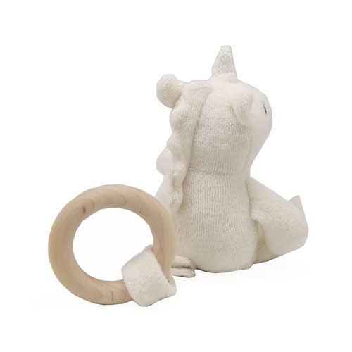 Natural Wooden Teething Ring And Organic Cotton Organic Plush Unicorn Animal Baby Teether 