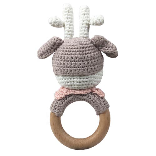 Handmade Baby Beech Wooden Teether With Crochet Animal Hand Hook Play Toy Hand Crochet Baby Toys 