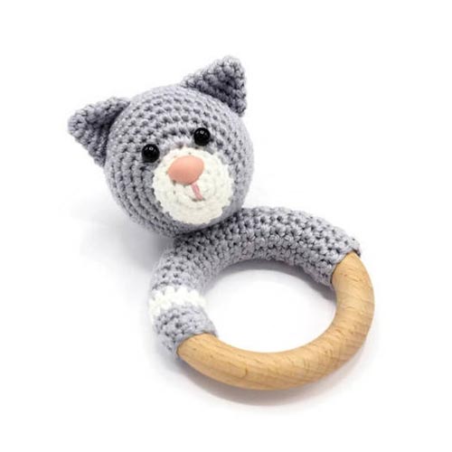 baby crochet cat toy amigurumi baby wooden teeth rattle toy 