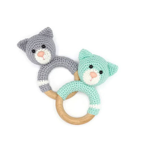 baby crochet cat toy amigurumi baby wooden teeth rattle toy 