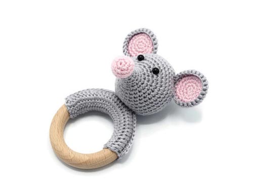 Baby wooden gift organic teething toy knit mouse rattle 