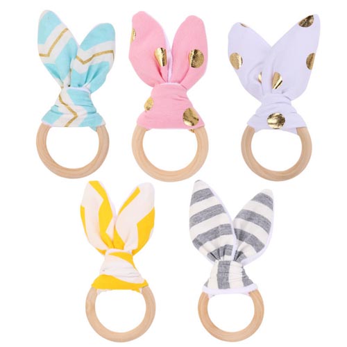 Nature Wool Made Safety Rabbit Ears Baby Teething Wooden Ring Teether Toy
