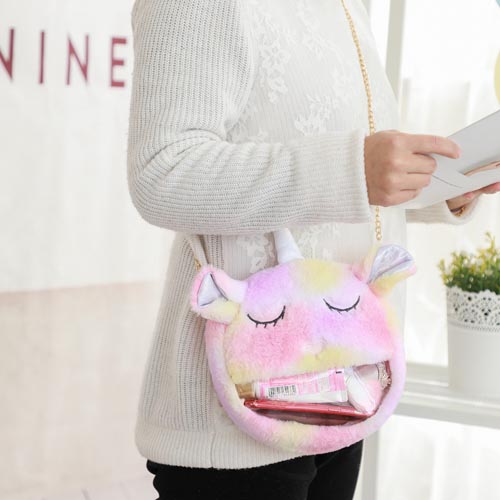 New Design Fashion Kids Plush Animal Messenger Bag Soft Plush Unicorn Handbag Chains Pack